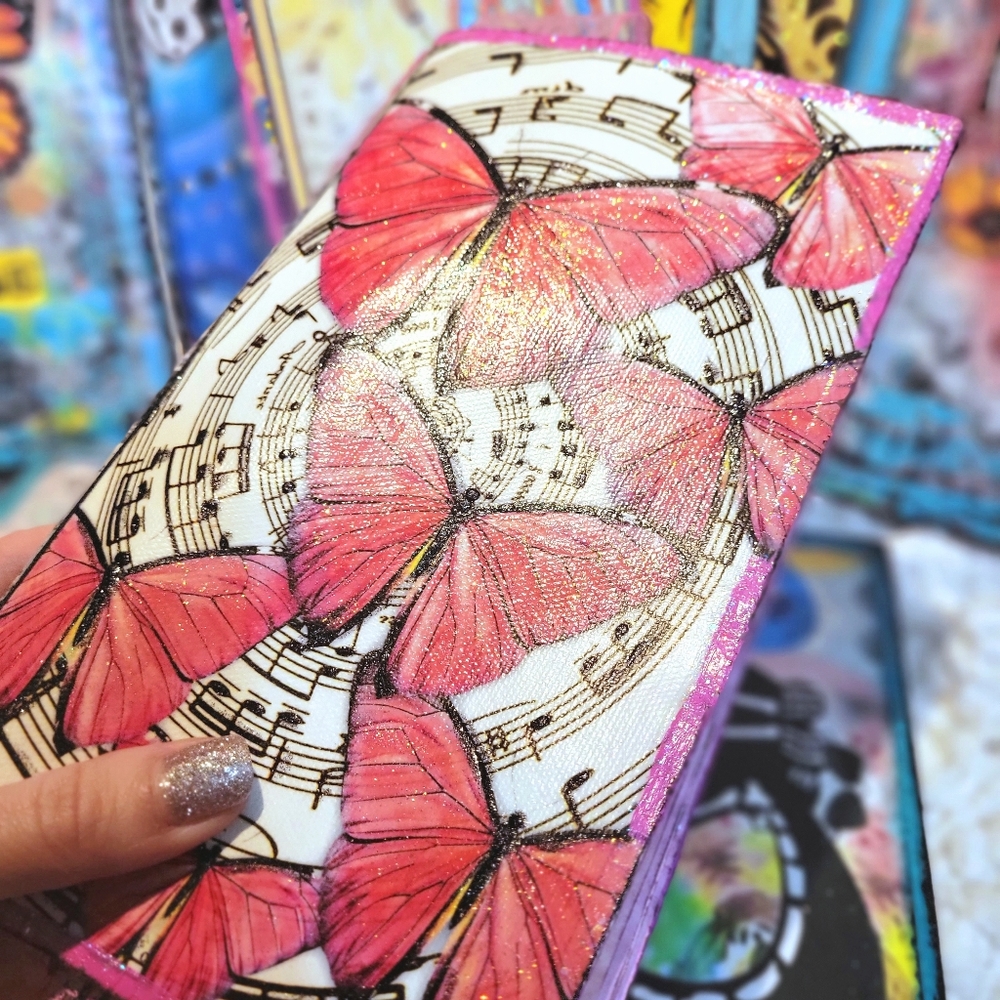 Rose Gold Pink Music and Butterflies Handmade Canvas Journal Hand Dyed Pages - Picture 2 of 12